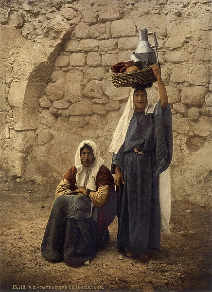 Arab women carrying milk jars, Jerusalem, c. 1880-1900 (photochrom)
