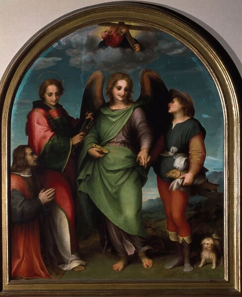 The Archangel Raphael, Saint Leonard, Tobie and the Sponsor Kneeling (Painting, 1511)