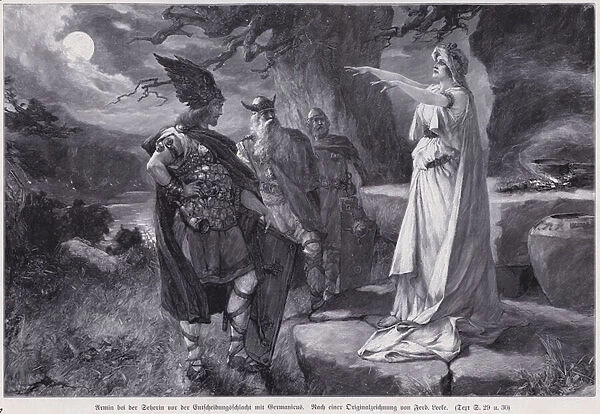 Arminius, chieftain of the Cherusci, consulting with a seer before his decisive battle with the Roman army of Germanicus, 16 (engraving)