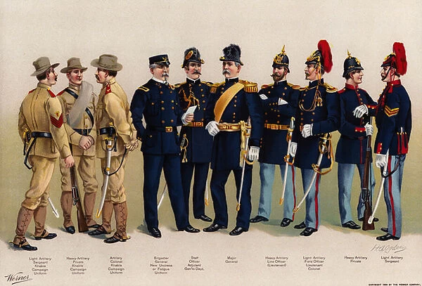US Army, uniforms, 7 Artillery, 3 Officers figures, 1899 (colour litho)