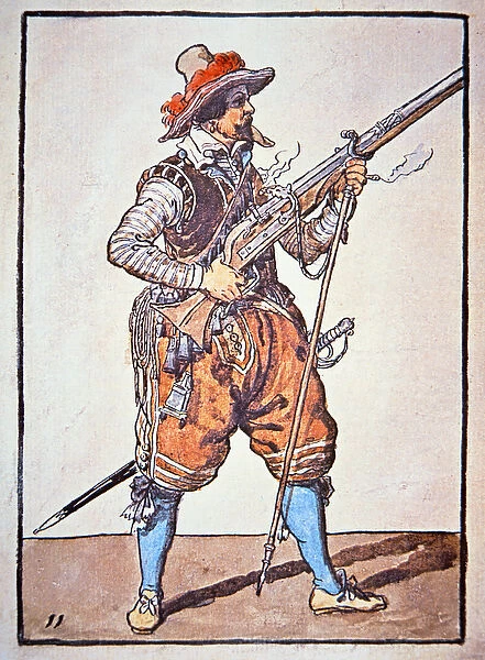 Arquebusier armed with matchlock musket, illustration from Manual of Arms