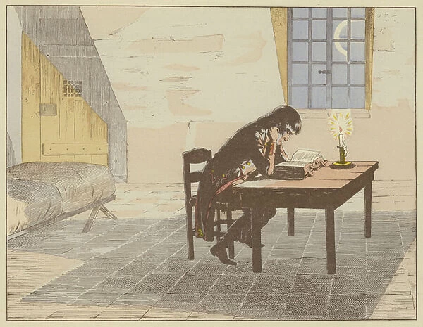 While under arrest in Valence in 1786, Napoleon took the opportunity to read the Digeste and strengthen his knowledge of the law (colour litho)