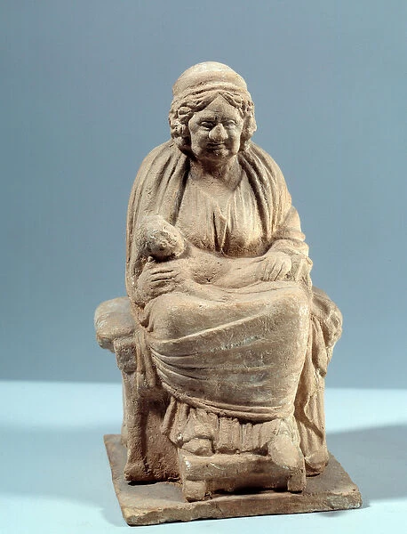 Art of ancient Greece: old woman holding a baby on her knees. Sculpture of the 1st AD)