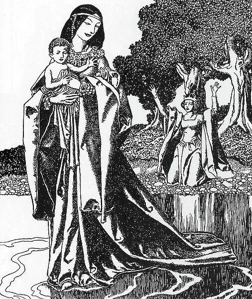 Arthurian Legend: la dame du Lac ableve Lancelot enfant (Lancelot is carried off by the Lady of the Lake) Illustration by Howard Pyle (1853-1911) from 'The story of the champions of the round table' 1903 Private collection