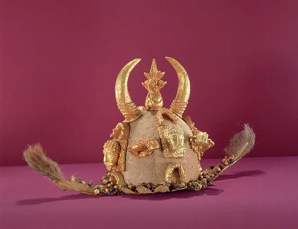 Asante helmet worn by officials, from Ghana (gold and animal skin)
