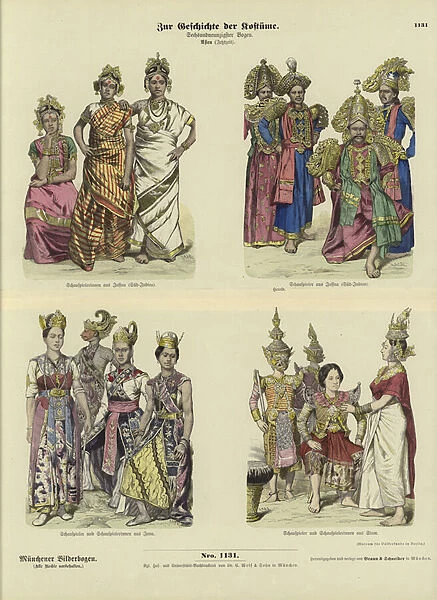 Asian actors costumes, late 19th Century (coloured engraving)