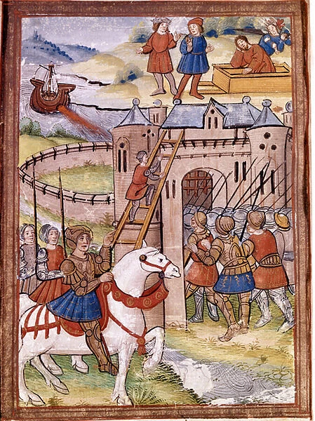 Assault on a castle. Episode of the 100 Year War. 16th century manuscript