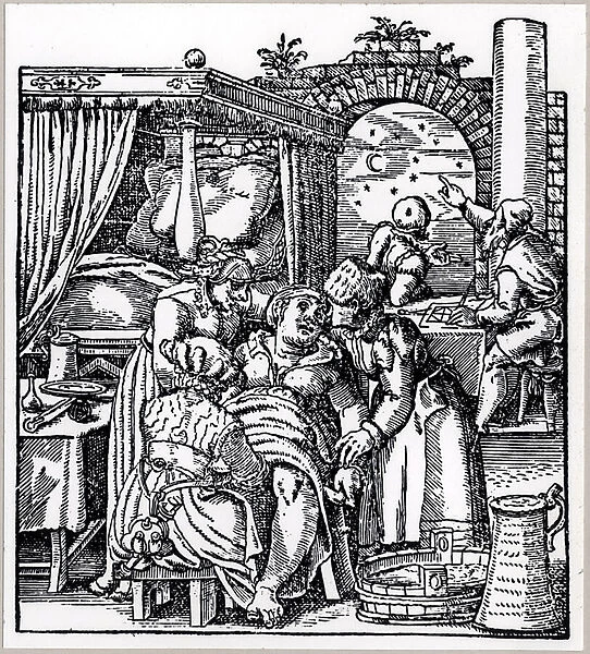 Astrologers casting a horoscope for the child being born to a woman in a birth chair