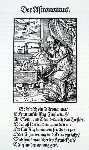 An astronomer with a verse by Hans Sachs, pub. Frankfurt 1568 (woodcut)