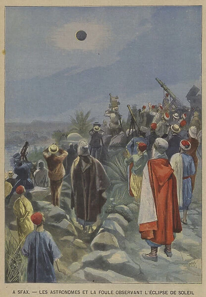 Astronomers and crowds watching an eclipse of the Sun at Sfax, Tunisia (colour litho)