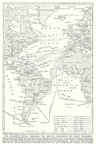 The Atlantic Ocean, showing the routes followed by early voyagers (litho)