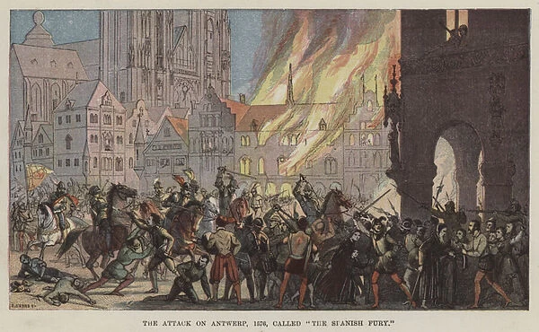 The Attack on Antwerp, 1576, called 'The Spanish Fury'(colour litho)