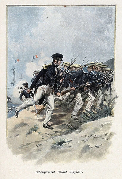 Attack of Essaouira (ex Mogador - Morocco) commanded by Francois Ferdinand Philippe d Orleans, Prince of Joinville (1818-1900), in August 1844. Colour board from Alfred Paris watercolour. 1895