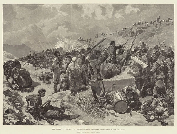The Austrian Campaign in Bosnia, General Szaparys Retrograde March to Doboj (engraving)