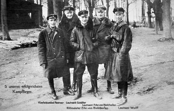 Baron von Richthofen with fellow pilots, including his brother Lothar (b  /  w photo)