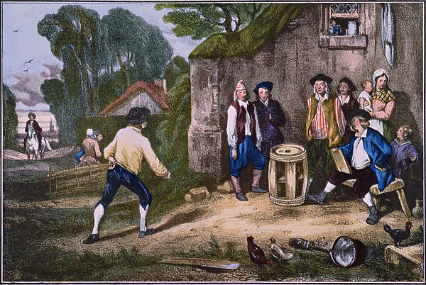 The Barrel Game, engraved by Jean Paul Laurens (1838-1921) (colour litho)