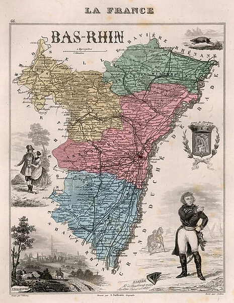 Bas Rhin (Bas-Rhin, 67), Alsace - La France et ses Colonies. Atlas illustrates one hundred and five maps from the maps of the depot of war, bridges and footwear and the Navy by M. VUILLEMIN. 1876