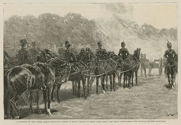 A battery of the Royal Horse Artillery firing a royal salute in Hyde Park when the bells proclaimed the opening of the Imperial Institute (engraving)