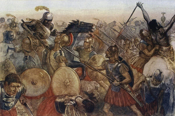 Battle of Lake Trasimene, Italy, Second Punic War, 217 BC (colour litho)