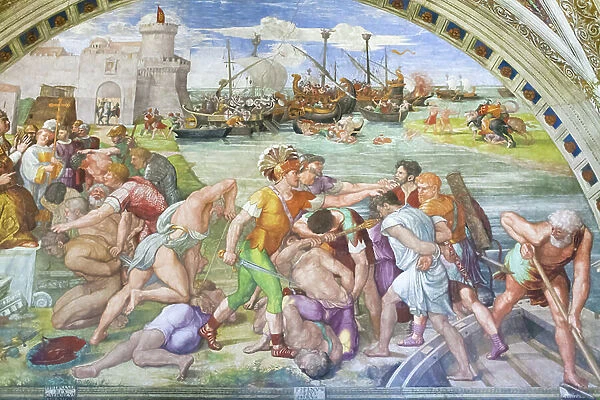 The battle of Ostia, 1516-1517, Raphael, 1483-1520, fresco, room of the fire in the borgo, Raphael's rooms, vatican museums, Rome, Italy