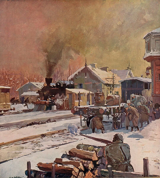Battle between Red and White troops at a railway station, Russian Civil War, 1917-1922 (colour litho)