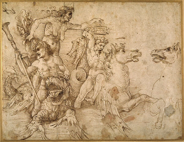 Battle of the Tritons, after Anrea Mantegna (pen & brown ink on white paper)