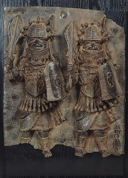 Benin plaque with two warriors, Nigeria, 16th-17th century (bronze)