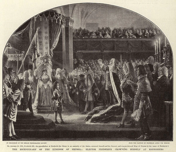 The Bicentenary of the Kingdom of Prussia, Elector Frederick crowning himself at Konigsberg (litho)