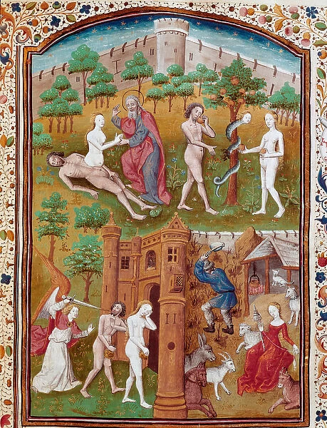 Birth of Eve from the coast of Adam, Adam and Eve picking the defended fruit