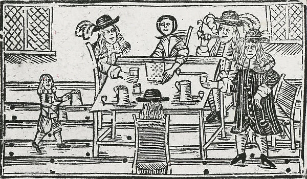 Boardgame and drinking at tavern (woodcut)