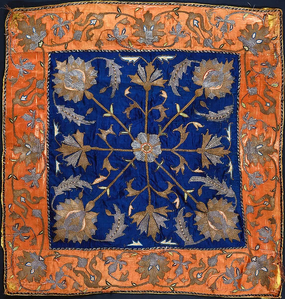 A bocha composed of blue satin field embroidered in silver and gilt thread (satin