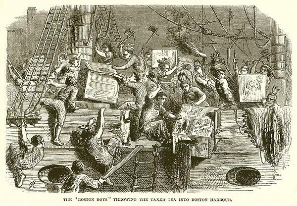 The 'Boston Boys'throwing the Taxed Tea into Boston Harbour (engraving)