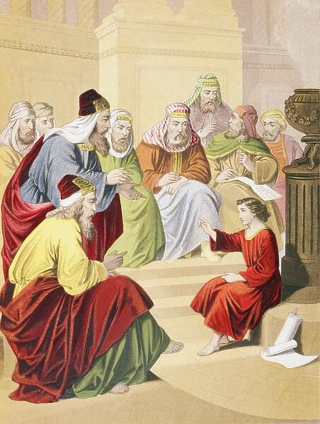 The boy Jesus debating with priests and teachers in the temple (colour litho)
