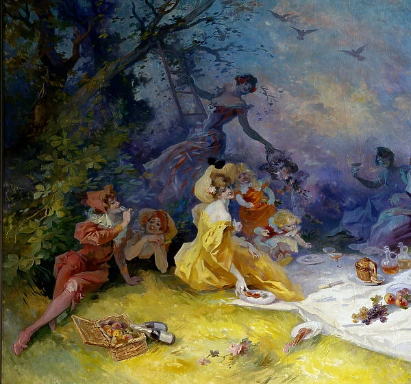 Breakfast on the grass Scene of a country picnic. Detail
