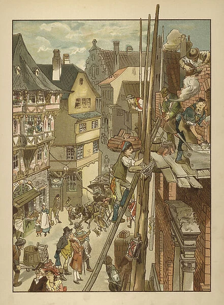 Builders at work on a house (colour litho)