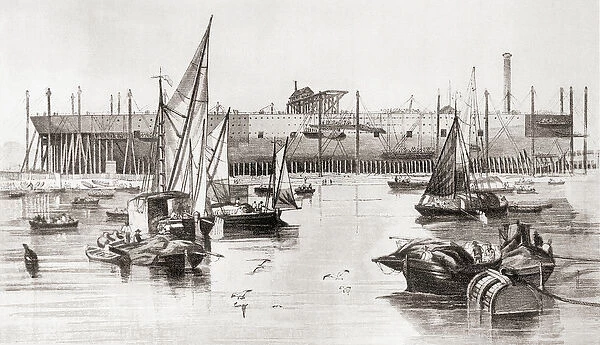 Building thess Great Eastern steamship at the Millwall Iron Works, River Thames, London