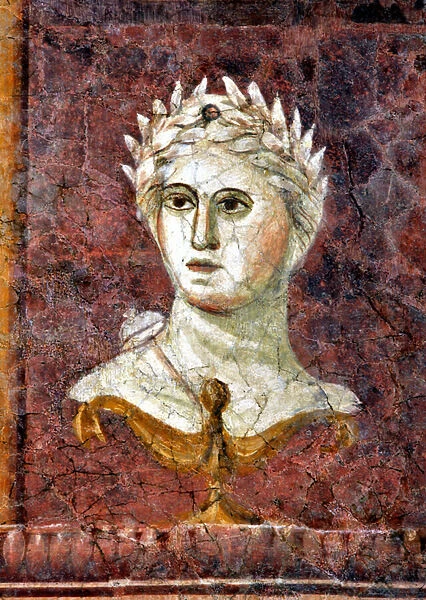 Bust of a man (maybe of Apollo) with the head crowned with laurel, late 2nd - early 3rd century (fresco)