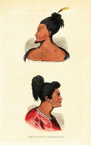 Busts of Maori men with face tattoos or Ta moko from New Zealand