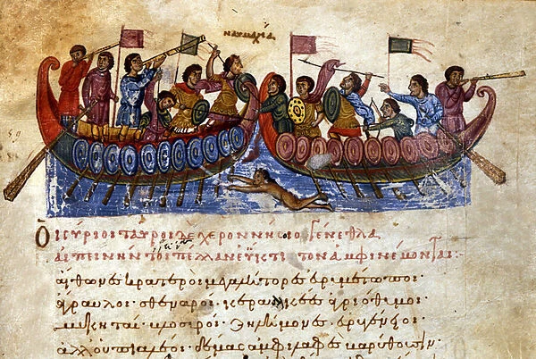 Byzantine naval battle. An assault swimmer attacks the enemy ship