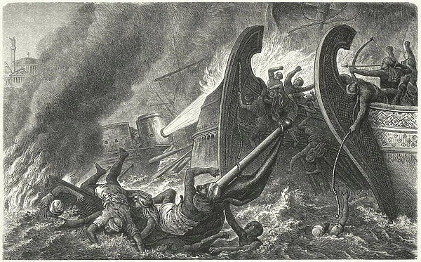 The Byzantines using Greek fire against an attacking Arab fleet (engraving)