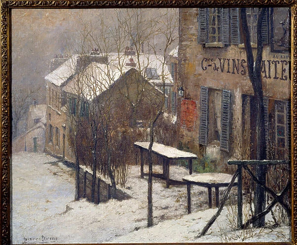 The cabaret at Rabbit Agile in Montmartre in 1890. View of Paris under the snow in winter. Painting by Pierre Prins (1838-1913), 1890. Oil on canvas. Dim: 0. 46 x 0. 55m. Paris, Musee Carnavalet