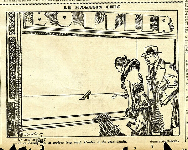 Candid, Satirique en N & B, 1931_11_26: Humor, Fashion, Shoe Illustration by Abel Faivre