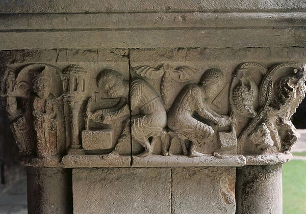 Detail of a capital depicting stonemasons at work (stone)