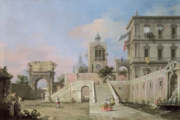 Capriccio of twin flights of steps leading to a palazzo, c. 1750 (oil on canvas)