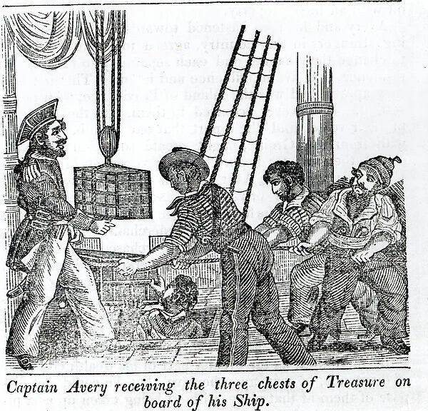 Captain Avery receiving three chests of Treasure on board of his Ship, illustration