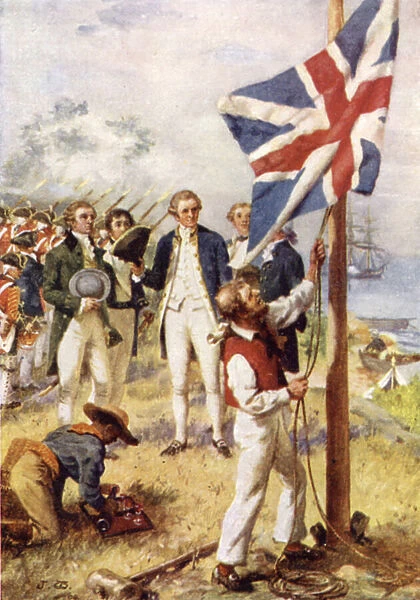 Captain Cook hoisting the British Flag in Australia (colour litho)