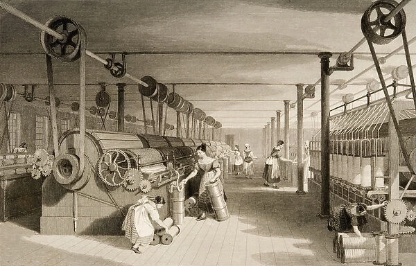 Carding, Drawing and Roving, Cotton factory floor, engraved by James Tingle (fl. 1830-60) c