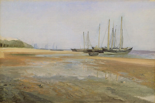 Cargo Ships on the Sands of the Elbe, 1840  /  45 (oil on paper mounted on card)