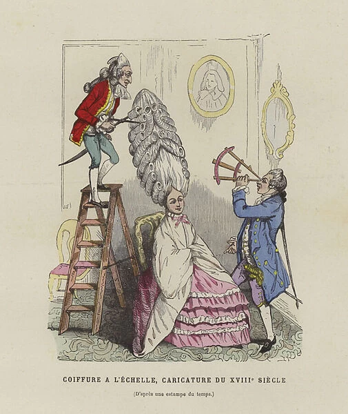 Caricature on French womens hairstyles of the 18th Century (coloured engraving)
