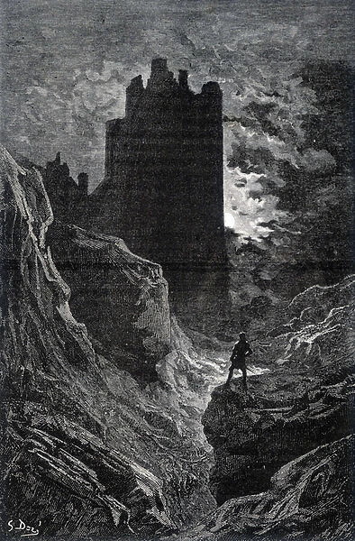 The castle of fear - illustration of fear by Gustave Dore, engraving, 1874